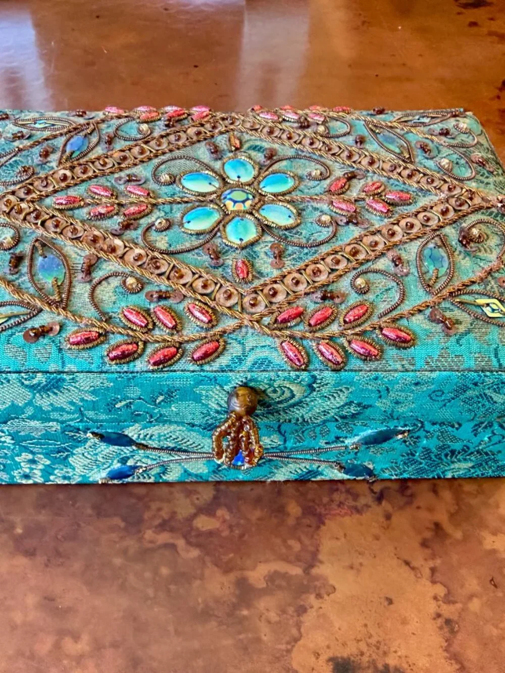 Turquoise Beaded Embroidered Jewelry Box Mirror Trinket Case 7.5 x 5 x 2.5